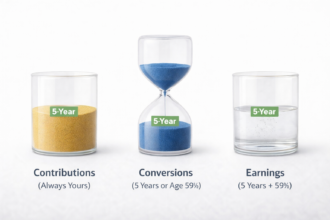 Three containers showing different Roth IRA 5-year timelines for contributions, conversions, and earnings withdrawals