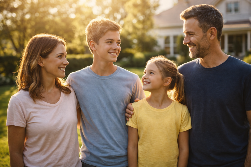 A happy American family smiling confidently in their backyard, representing financial security built through early Roth IRA planning for their children