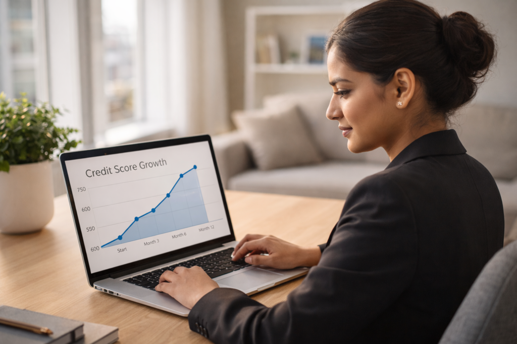 H-1B visa holder reviewing credit score growth chart on laptop at home Title: H-1B Professional Tracking One-Year Credit Score Progress at Home