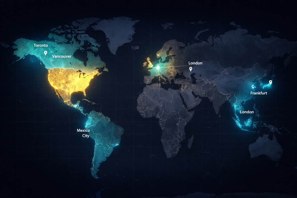World map highlighting common third-country H-1B visa stamping locations including Canada, Mexico, and Europe