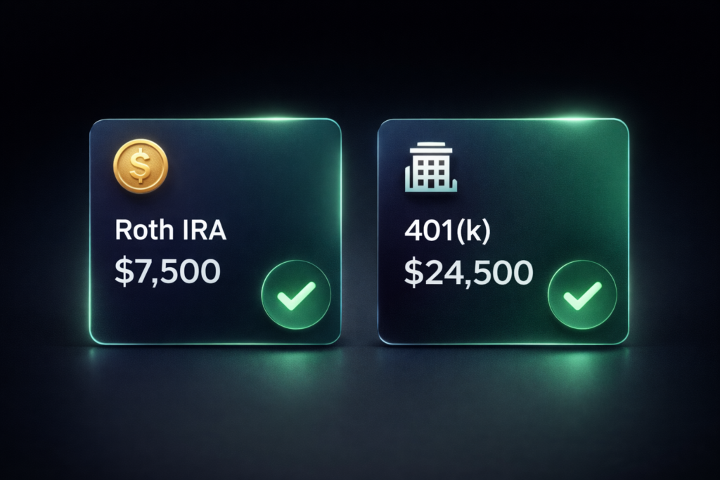 Roth IRA $7,500 and 401k $24,500 contribution limits shown side by side for 2026