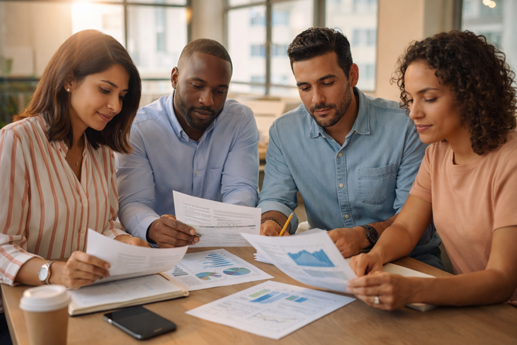 Four diverse professionals at different career stages sitting together reviewing retirement savings documents, representing different income levels and Roth IRA eligibility scenarios