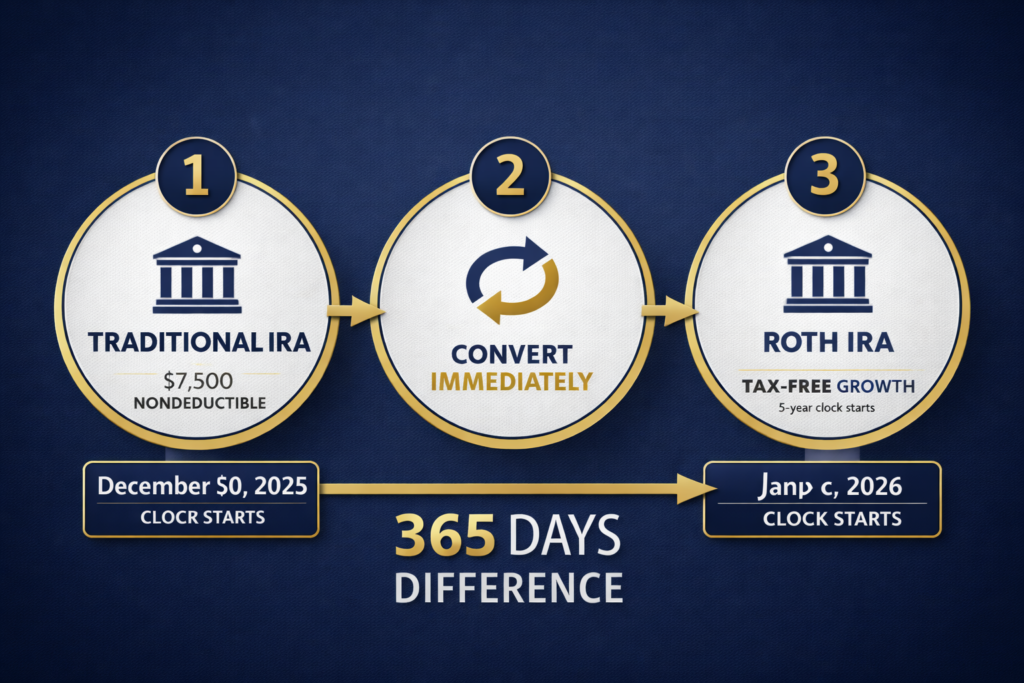 Backdoor Roth IRA three-step process flowchart showing contribution, conversion, and tax-free growth