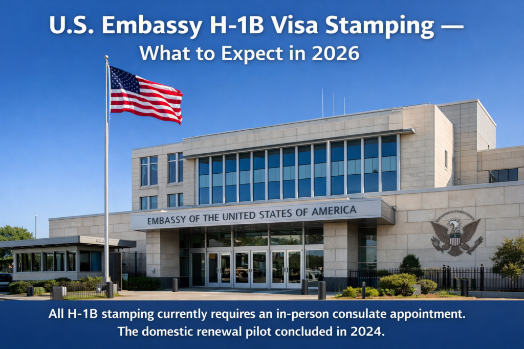 Exterior view of a United States Embassy building with American flag flying outside, representing the location where H-1B visa stamping interviews are conducted following the end of the domestic renewal pilot and dropbox programs