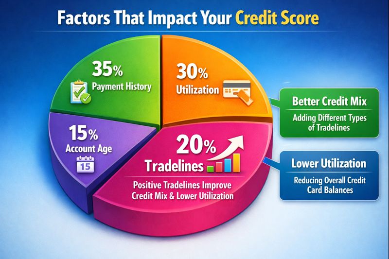 Graph showing how payment history, utilization, and account age affect credit score with tradelines as a contributing factor