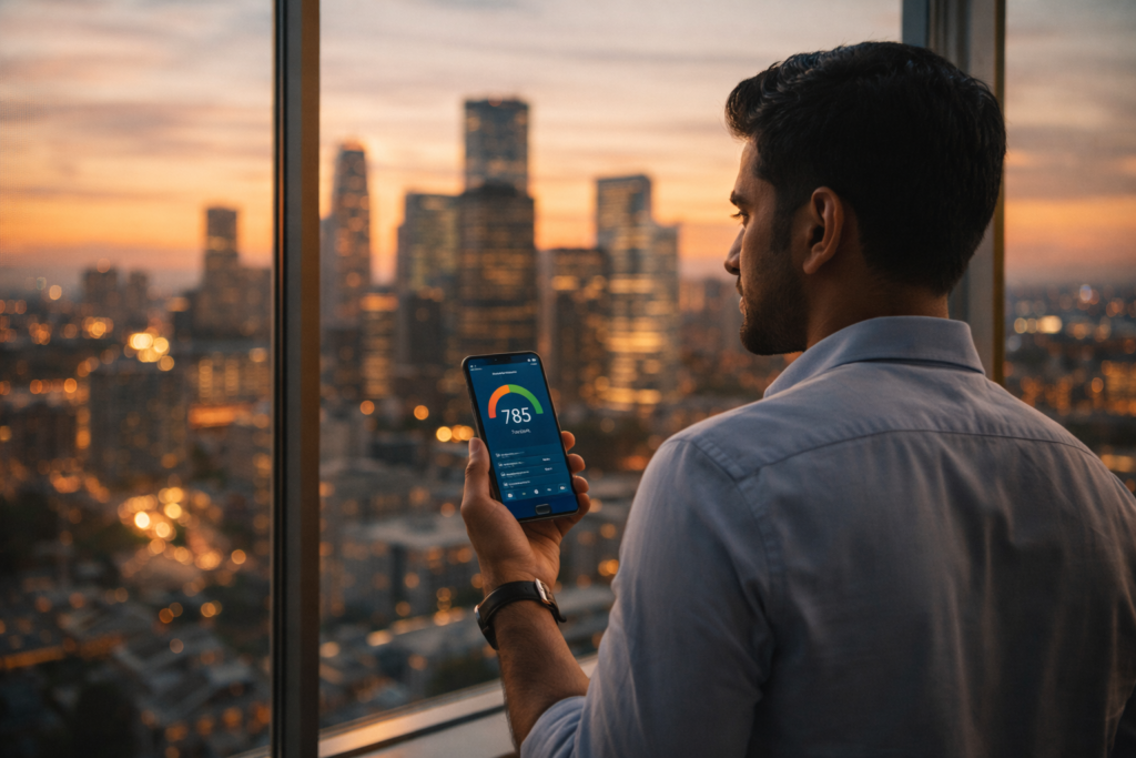 H-1B visa holder monitoring credit score on smartphone in US office