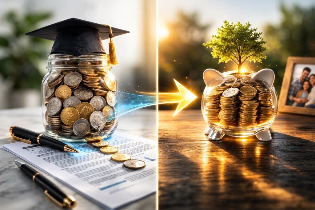 Money flowing from a 529 college savings plan into a Roth IRA retirement account illustration