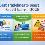 "Infographic showing best tradelines to boost credit score in 2026 with sections on credit-builder tools, authorized user tradelines, and risks/warnings about scams and short-term boosts."