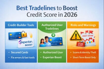 "Infographic showing best tradelines to boost credit score in 2026 with sections on credit-builder tools, authorized user tradelines, and risks/warnings about scams and short-term boosts."