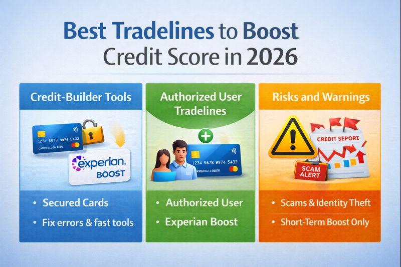 "Infographic showing best tradelines to boost credit score in 2026 with sections on credit-builder tools, authorized user tradelines, and risks/warnings about scams and short-term boosts."