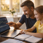 A father explaining custodial Roth IRA options to his young daughter on a laptop at home — planning for her financial future