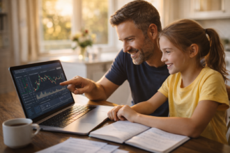 A father explaining custodial Roth IRA options to his young daughter on a laptop at home — planning for her financial future