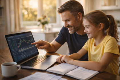 A father explaining custodial Roth IRA options to his young daughter on a laptop at home — planning for her financial future