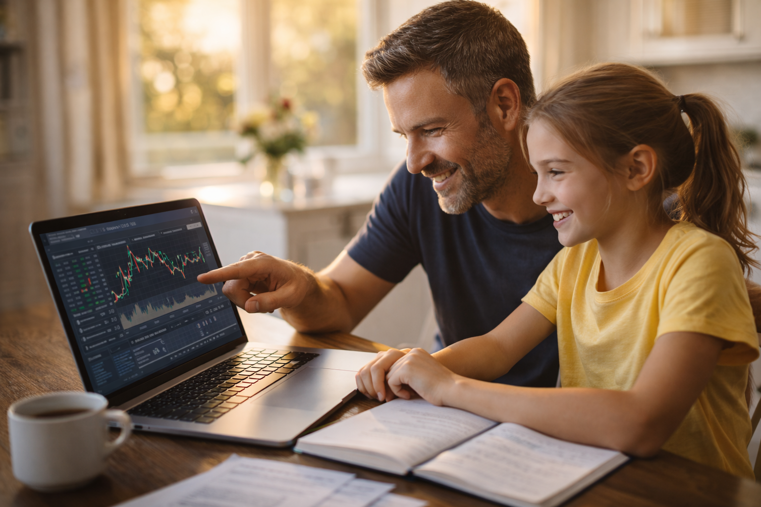 A father explaining custodial Roth IRA options to his young daughter on a laptop at home — planning for her financial future