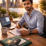 Indian H1B visa holder reviewing Roth IRA retirement investment options on laptop at home desk