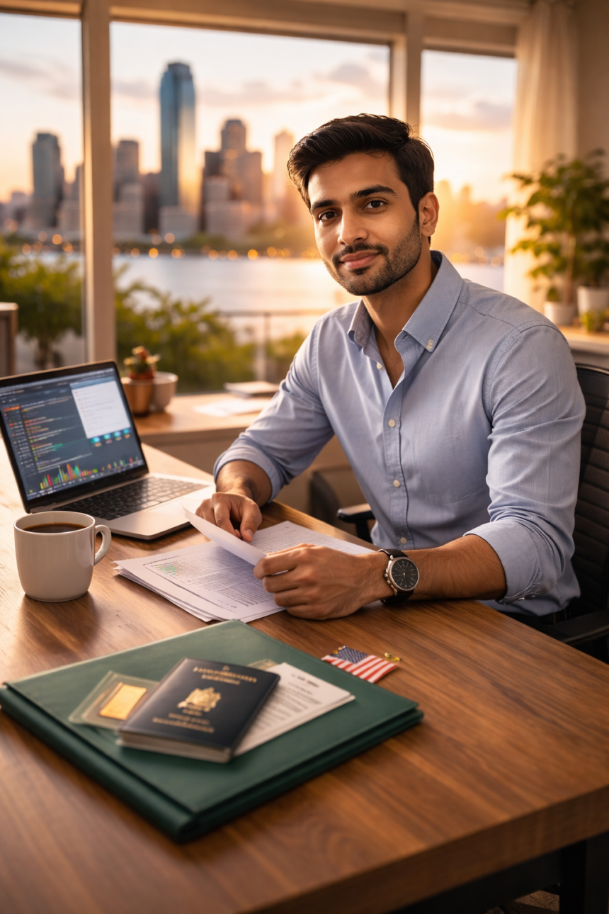 Indian H1B visa holder reviewing Roth IRA retirement investment options on laptop at home desk