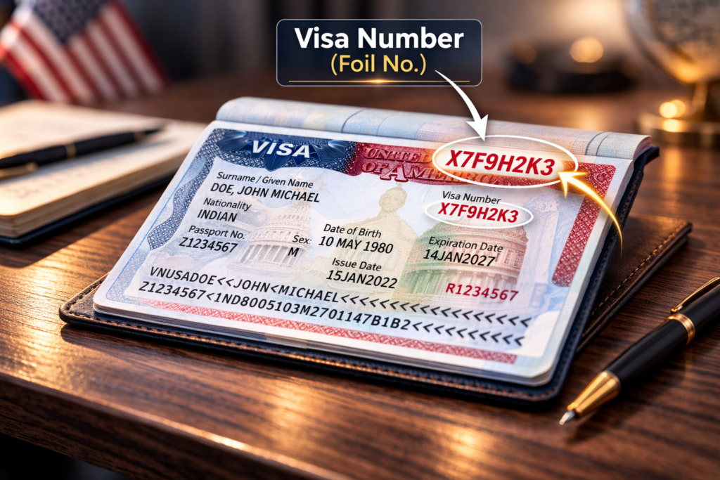 Close-up of US visa foil in passport with red visa number annotated and highlighted