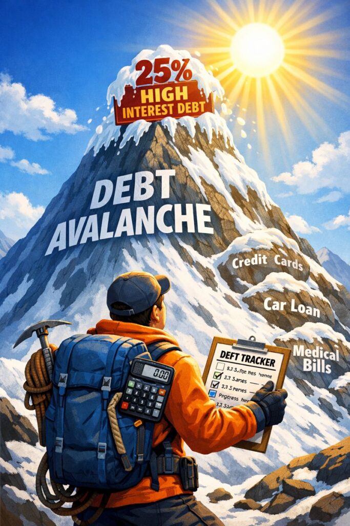 "Visual representation of the Debt Avalanche method, with a person tackling high-interest debt first to save money over time."