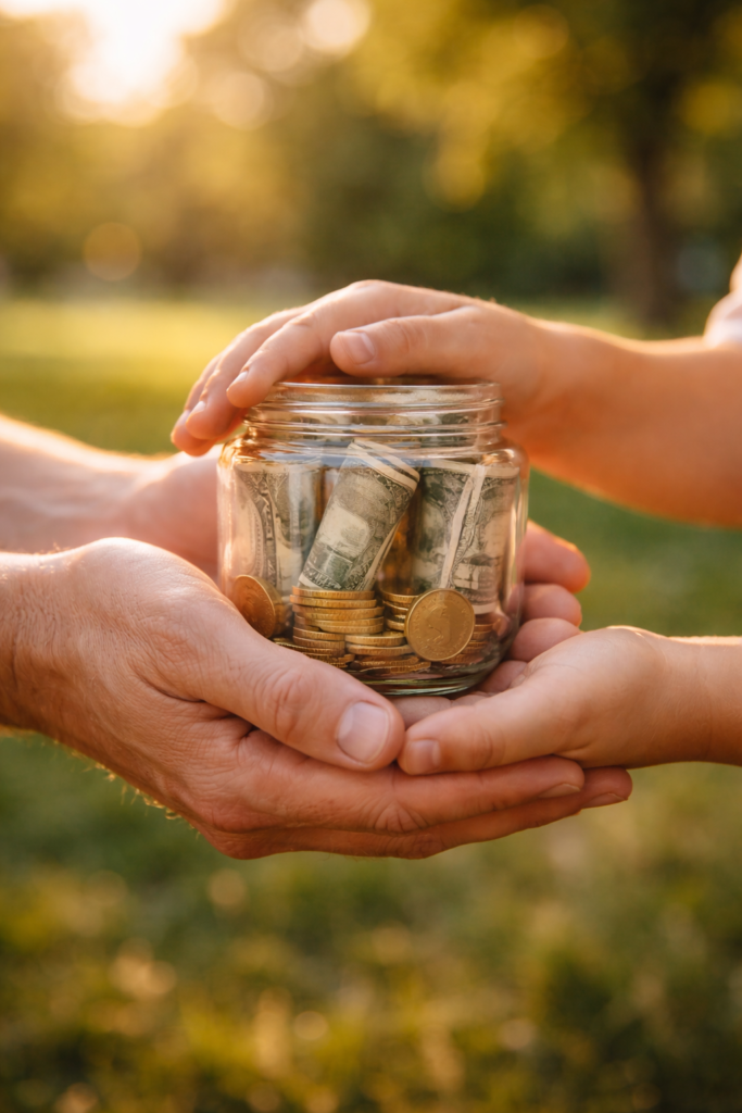 Parent and child holding savings jar symbolizing generational wealth building through custodial Roth IRA