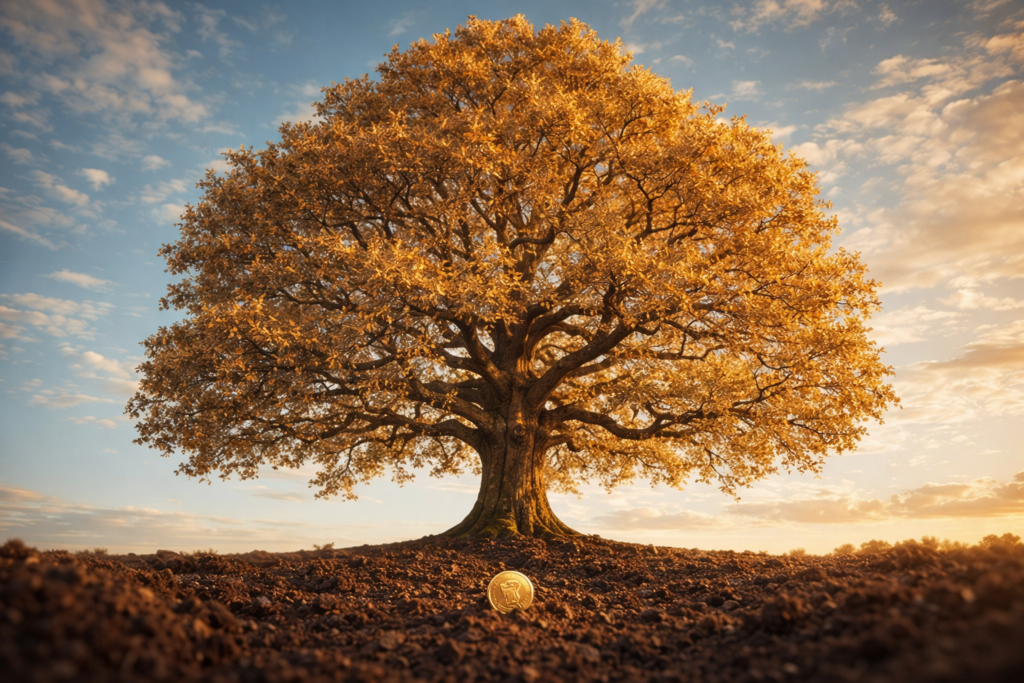 A giant oak tree growing from a single gold coin symbolizing how early Roth IRA contributions compound into life-changing wealth over 50 years