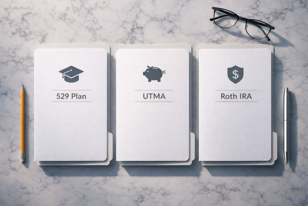 Comparison of custodial Roth IRA, 529 plan, and UTMA account options for kids savings in 2026