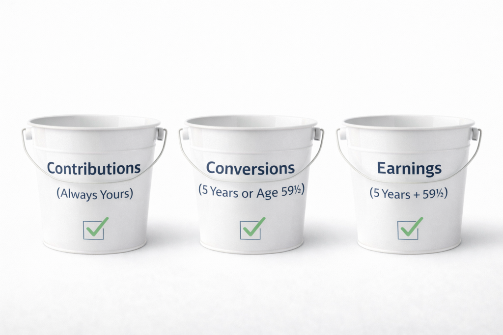 Three-bucket visual summary of Roth IRA withdrawal rules by money type