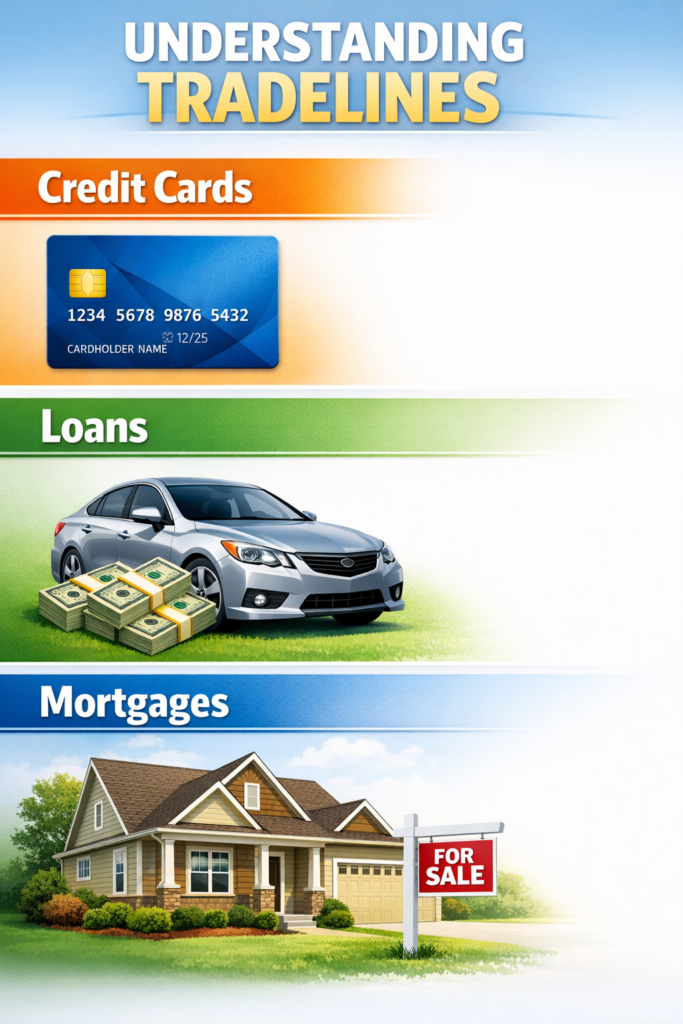 Infographic of types of tradelines: credit cards, loans, and mortgages