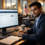 International professional checking H-1B lottery 2026 registration on USCIS portal at modern desk