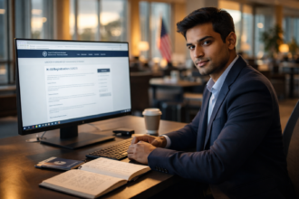 International professional checking H-1B lottery 2026 registration on USCIS portal at modern desk