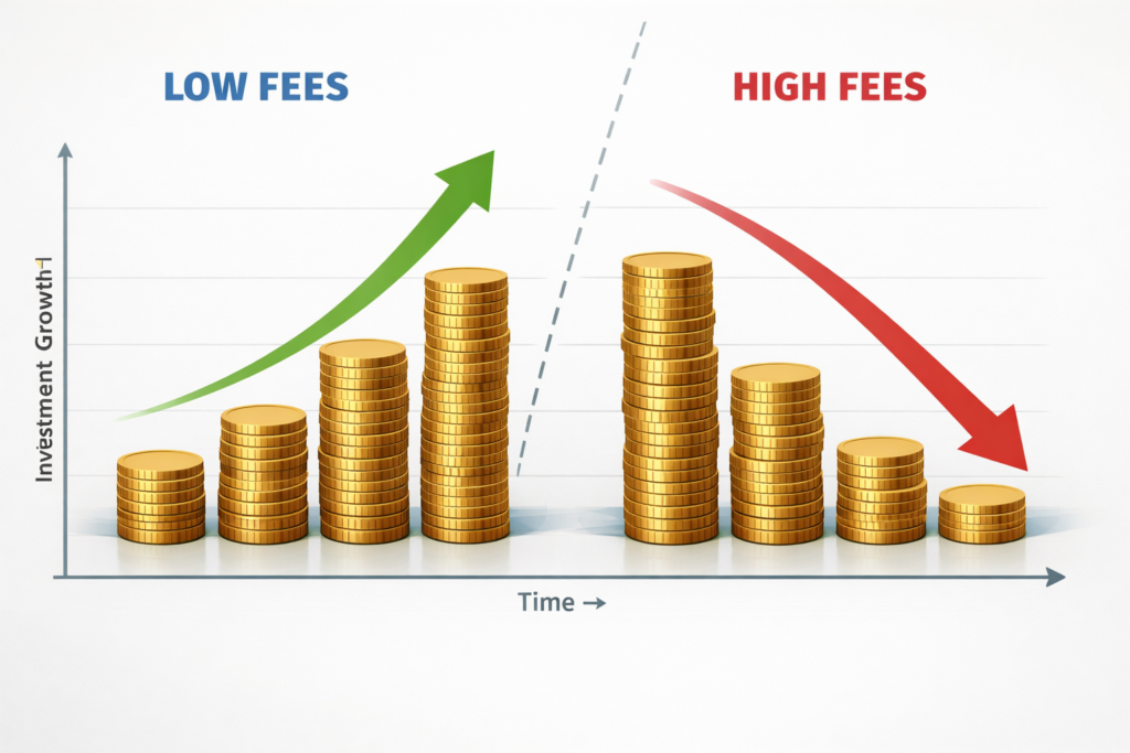 Illustration showing how expense ratios affect long term investment returns