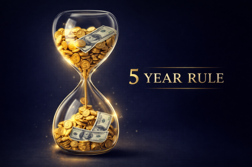 Roth IRA 5-year rule illustrated with hourglass and money showing waiting period for tax-free withdrawals