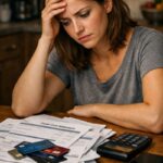 Young woman stressed over credit card debt, surrounded by bills and financial documents"