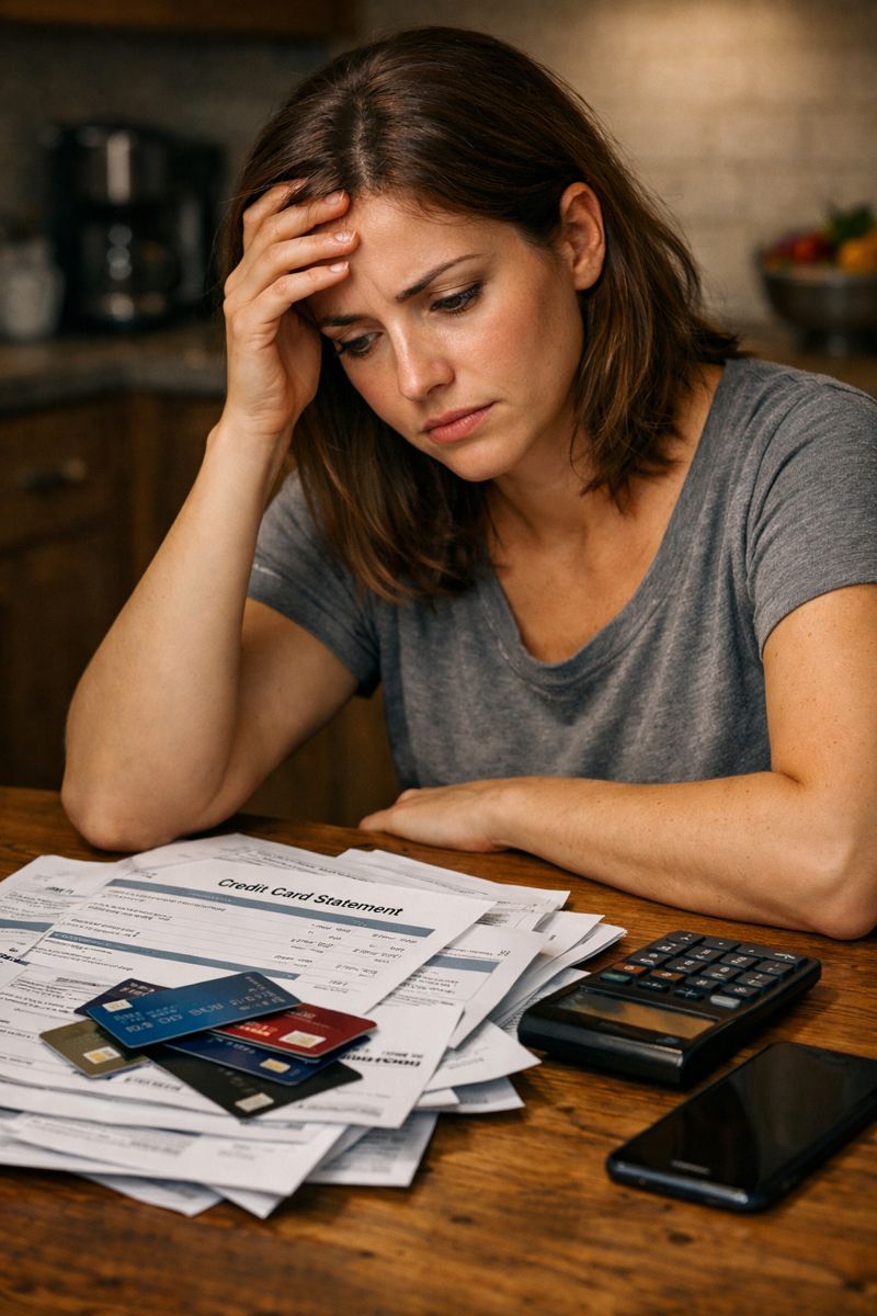 Young woman stressed over credit card debt, surrounded by bills and financial documents"