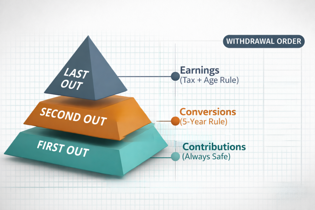Layered diagram showing Roth IRA withdrawal order - contributions first, conversions second, earnings last