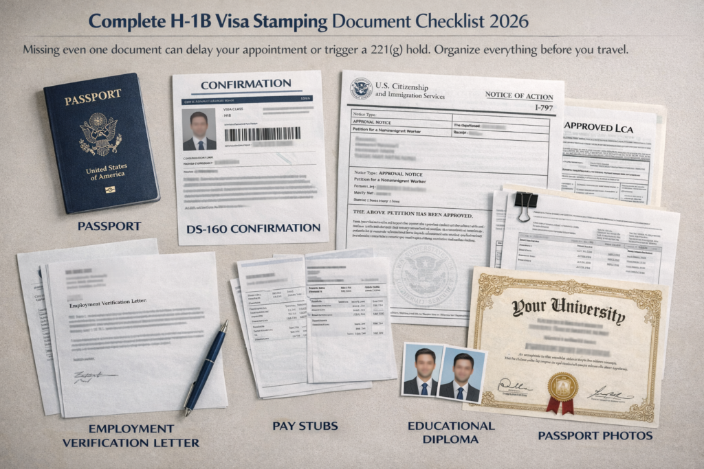 Overhead flat lay of all required H-1B visa stamping documents including passport, DS-160 confirmation, I-797 USCIS approval notice, labor condition application, employment letter, pay stubs, degree certificate, and passport photos arranged on a white surface