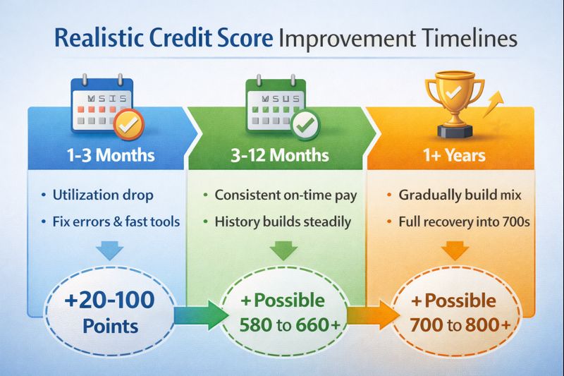 “Timeline showing credit score improvements over time: 1-3 months, 3-12 months, and 1+ years.”