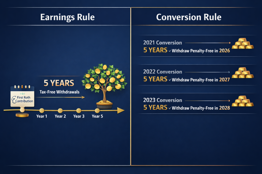 Infographic comparing Roth IRA earnings rule versus conversion rule with separate 5-year timelines