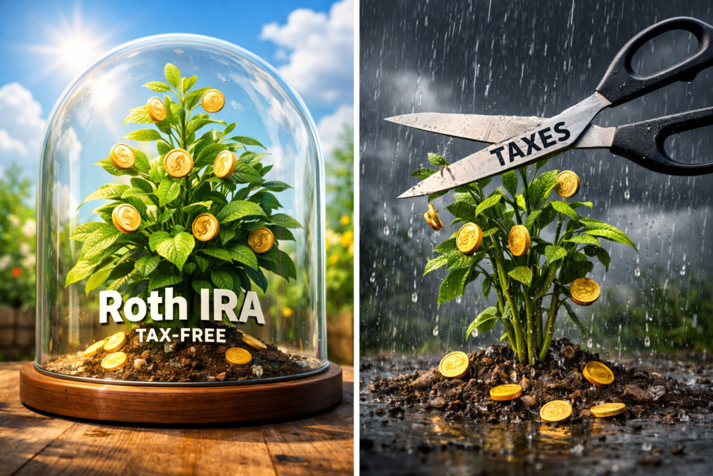 Comparison of a protected plant in a Roth IRA versus a plant being cut by tax scissors in a brokerage account.