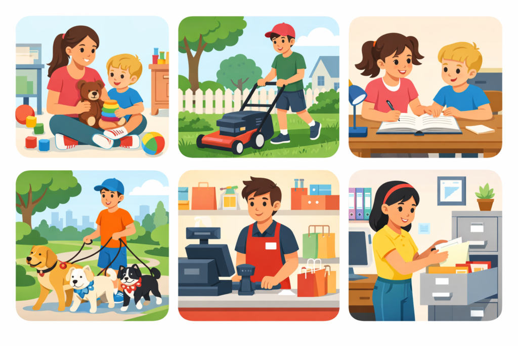 Six ways children can earn qualifying income for a Roth IRA: babysitting, lawn care, tutoring, dog walking, retail work, and family business tasks