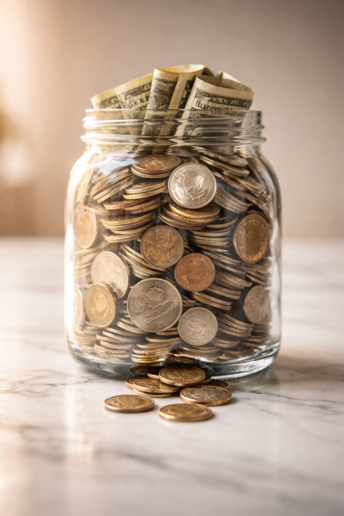 Money slowly leaking from a jar representing hidden IUL fees and insurance costs