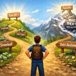 "Illustration of two paths diverging, one representing the Snowball method with smaller debts cleared, and the other representing the Avalanche method focusing on high-interest debt."