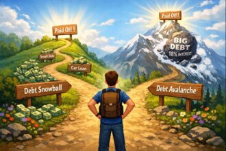 "Illustration of two paths diverging, one representing the Snowball method with smaller debts cleared, and the other representing the Avalanche method focusing on high-interest debt."