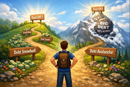 "Illustration of two paths diverging, one representing the Snowball method with smaller debts cleared, and the other representing the Avalanche method focusing on high-interest debt."