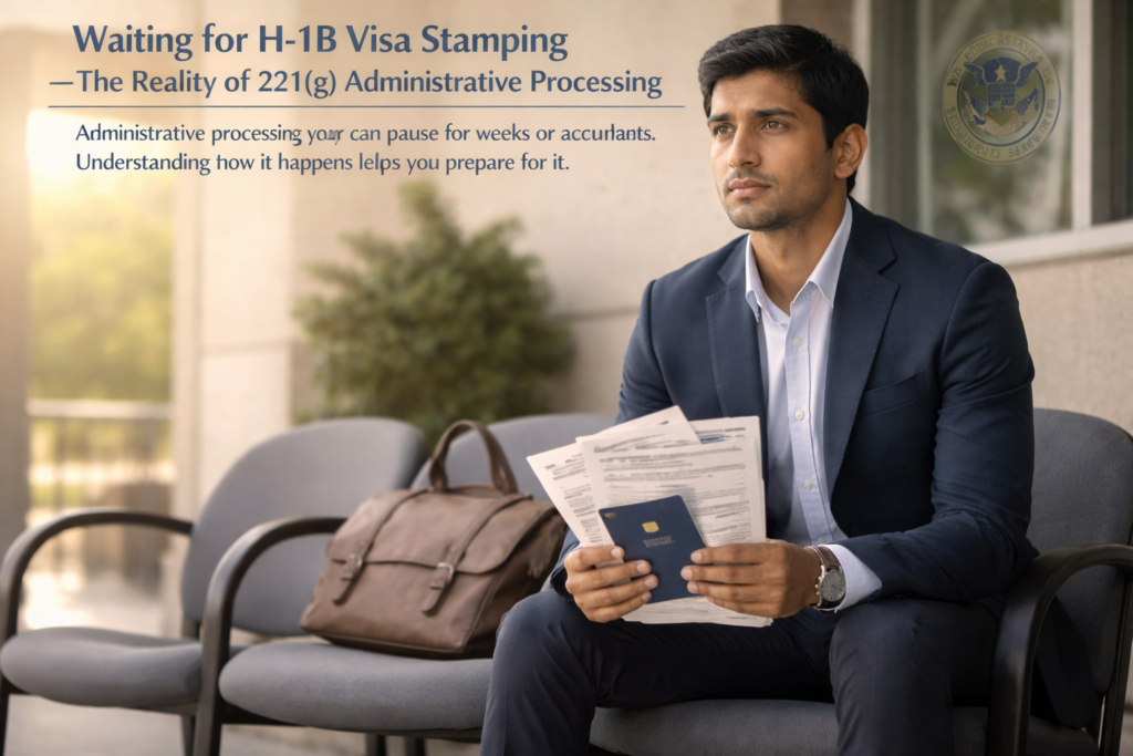Person sitting in a waiting area outside a U.S. consulate building holding immigration documents, representing the uncertainty and extended wait time associated with H-1B visa 221(g) administrative processing