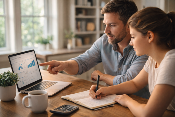 Father and teenage daughter reviewing custodial Roth IRA for kids on laptop in home office