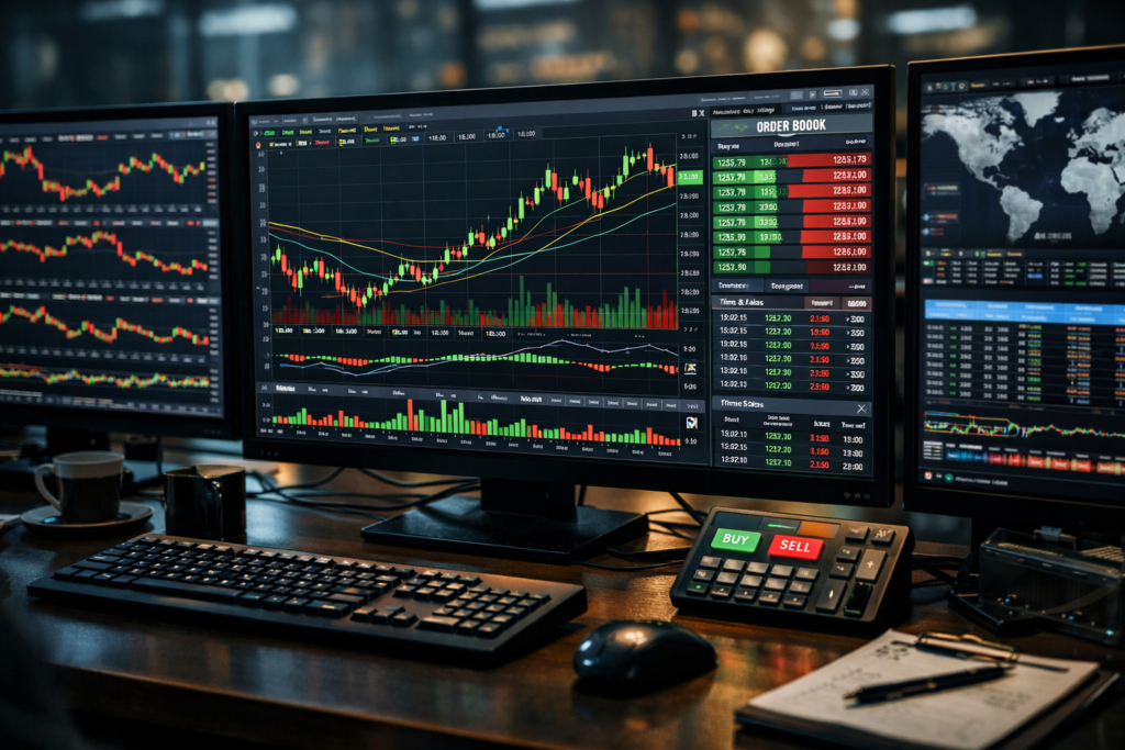 Stock trading screens showing liquidity and market activity