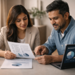 A couple reviewing IUL vs Roth IRA financial documents with a financial advisor
