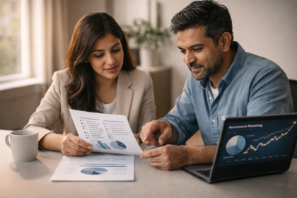 A couple reviewing IUL vs Roth IRA financial documents with a financial advisor