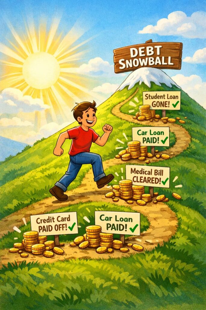 "Visual representation of the Debt Snowball method, showing a person clearing small debts along the way with positive progress."