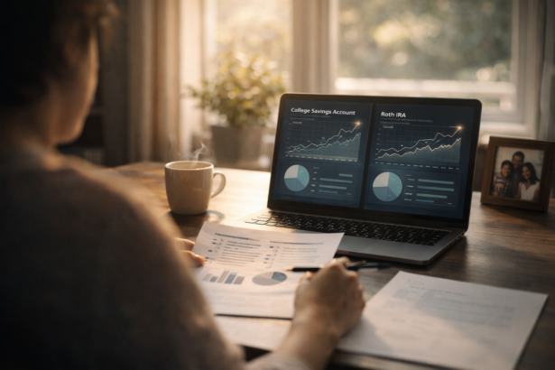 Parent reviewing 529 college savings plan and Roth IRA rollover options at home desk